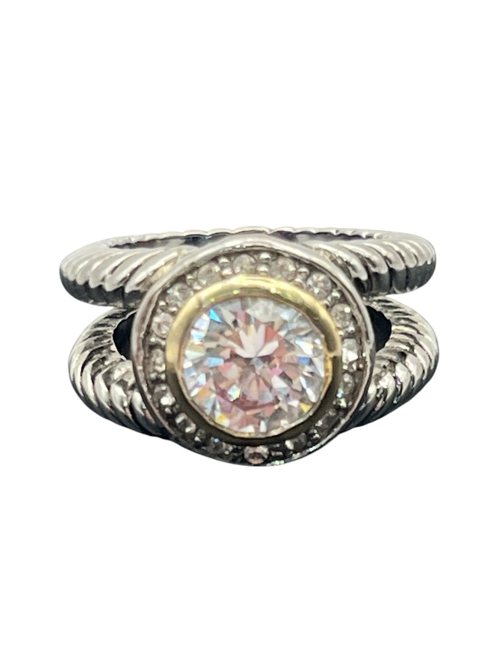 Twisted split shank silver tone clear rhinestone designer inspired ring size 6